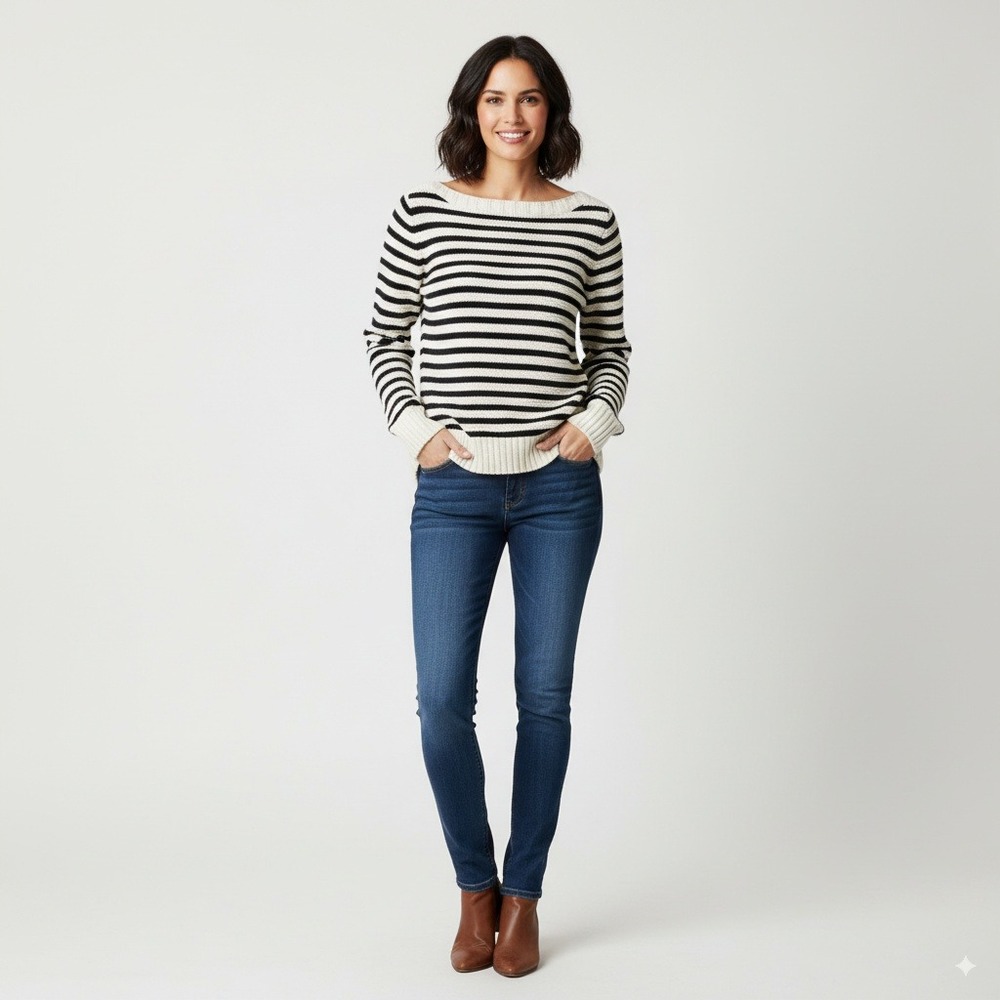 Talbots Women's‎ Striped Cotton Sweater Large Large Navy Blue White Long Sleeve